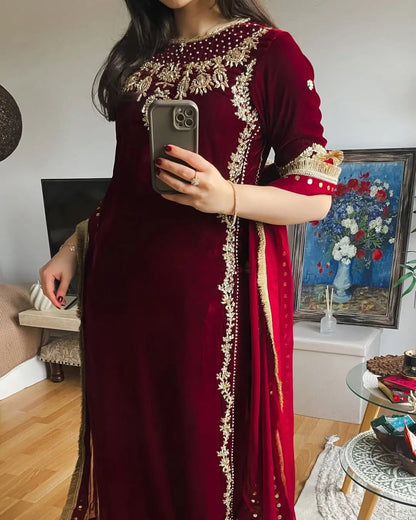 Ethenika Originals Sequence Embroidery Work Designer Velvet 3Pc Kurti Pant Dupatta Set (Ready to Wear) Ethenika.com