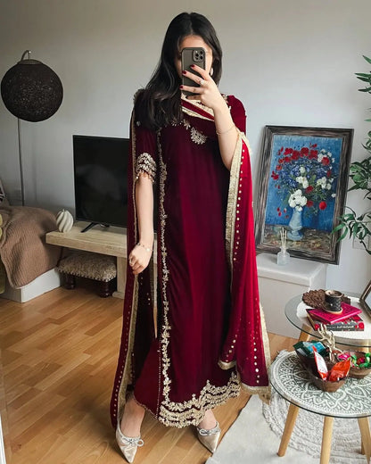 Ethenika Originals Sequence Embroidery Work Designer Velvet 3Pc Kurti Pant Dupatta Set (Ready to Wear) Ethenika.com