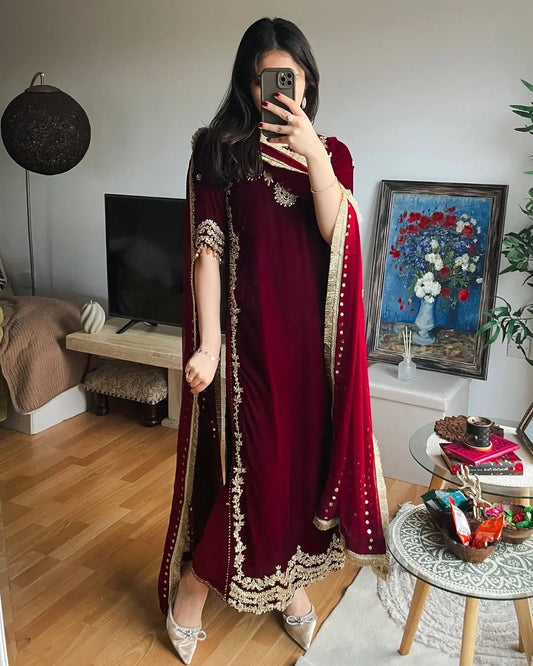 Ethenika Originals Sequence Embroidery Work Designer Velvet 3Pc Kurti Pant Dupatta Set (Ready to Wear) Ethenika.com