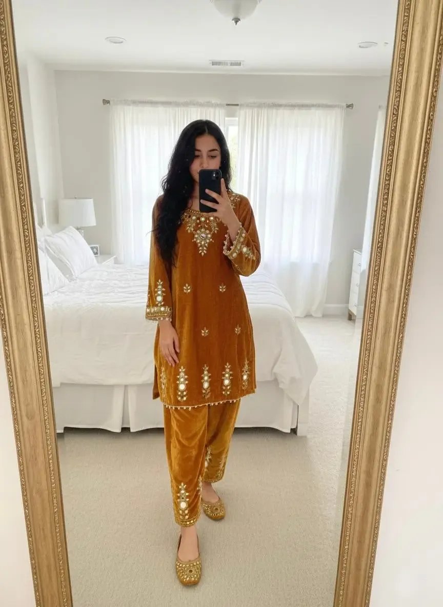 Ethenika Real Mirror Work Velvet Cord Set Ethenika.com