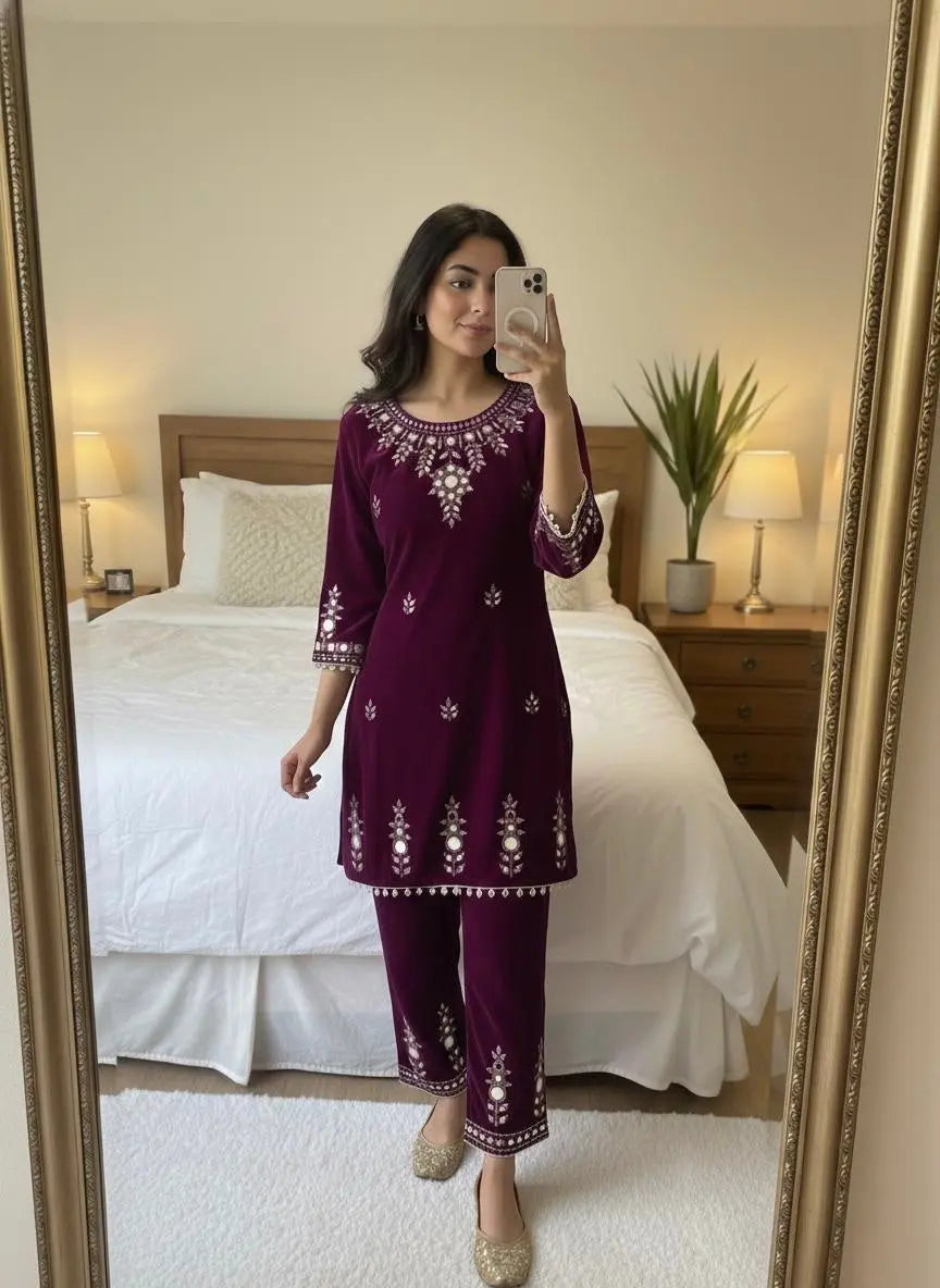 Ethenika Real Mirror Work Velvet Cord Set Ethenika.com