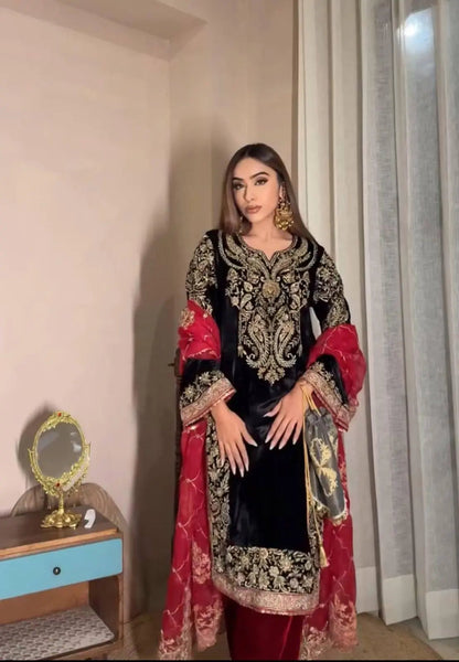 Ethenika Sequence Embroidery Work Designer Velvet 3Pc Kurti Pant Dupatta Set ( Ready to Wear) Ethenika.com