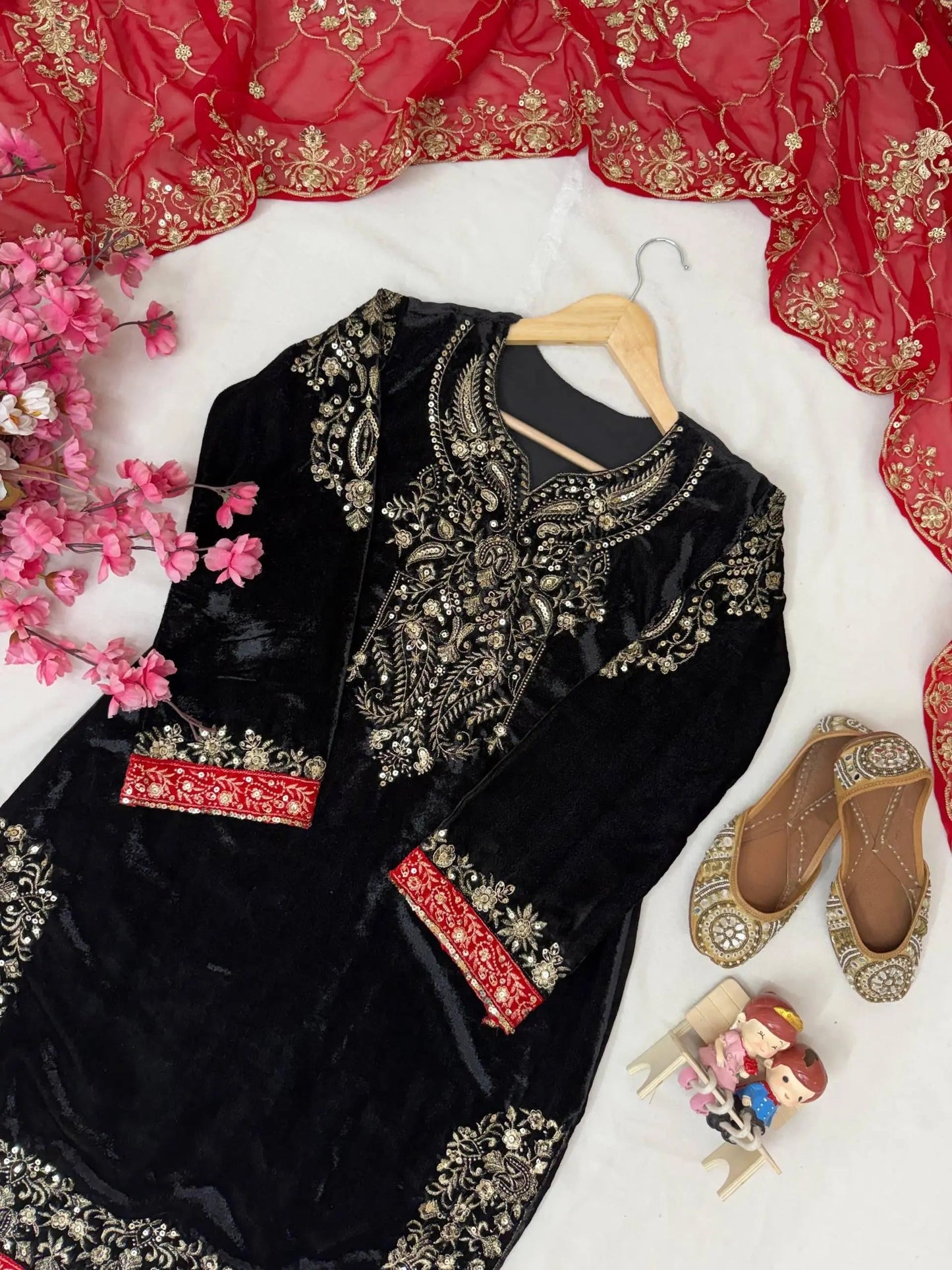 Ethenika Sequence Embroidery Work Designer Velvet 3Pc Kurti Pant Dupatta Set ( Ready to Wear) Ethenika.com
