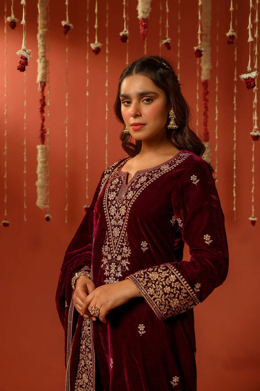 Ethenika Sequence Work Designer 3 Pc Velvet Kurti Pant Dupatta Set for Womens (Ready To Wear) Ethenika.com
