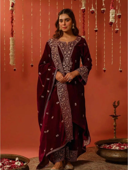 Ethenika Sequence Work Designer 3 Pc Velvet Kurti Pant Dupatta Set for Womens (Ready To Wear) Ethenika.com