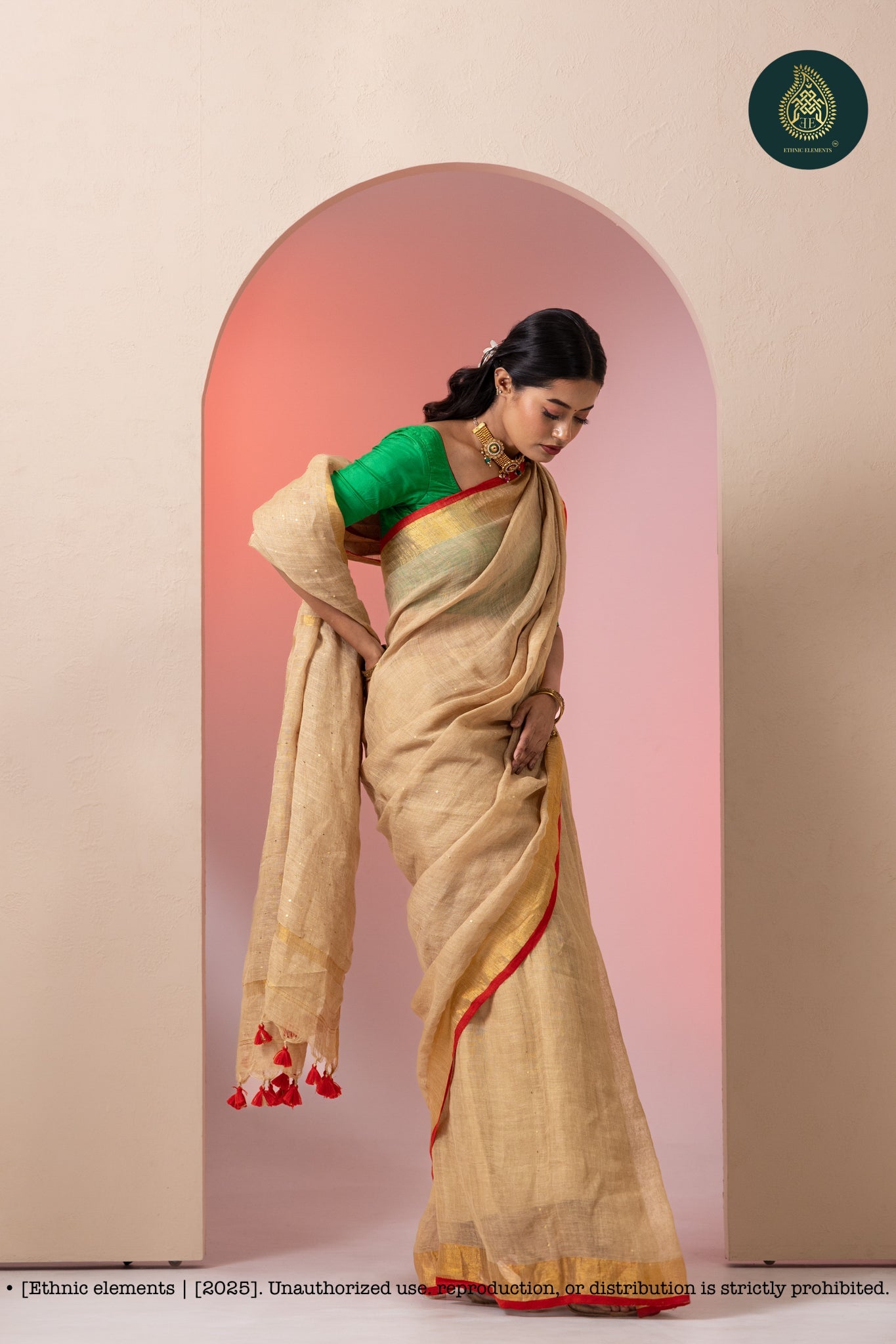 Premium Woven Linen Saree - Sepia Dream