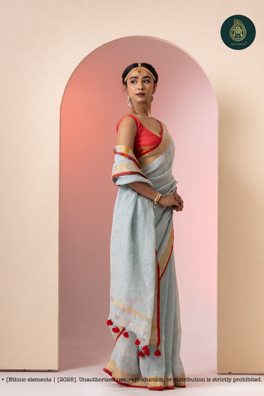 Premium Woven Linen Saree - Petrel Blue