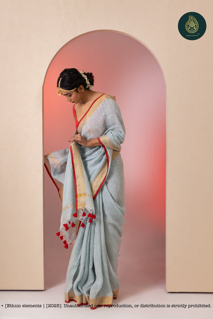 Premium Woven Linen Saree - Petrel Blue
