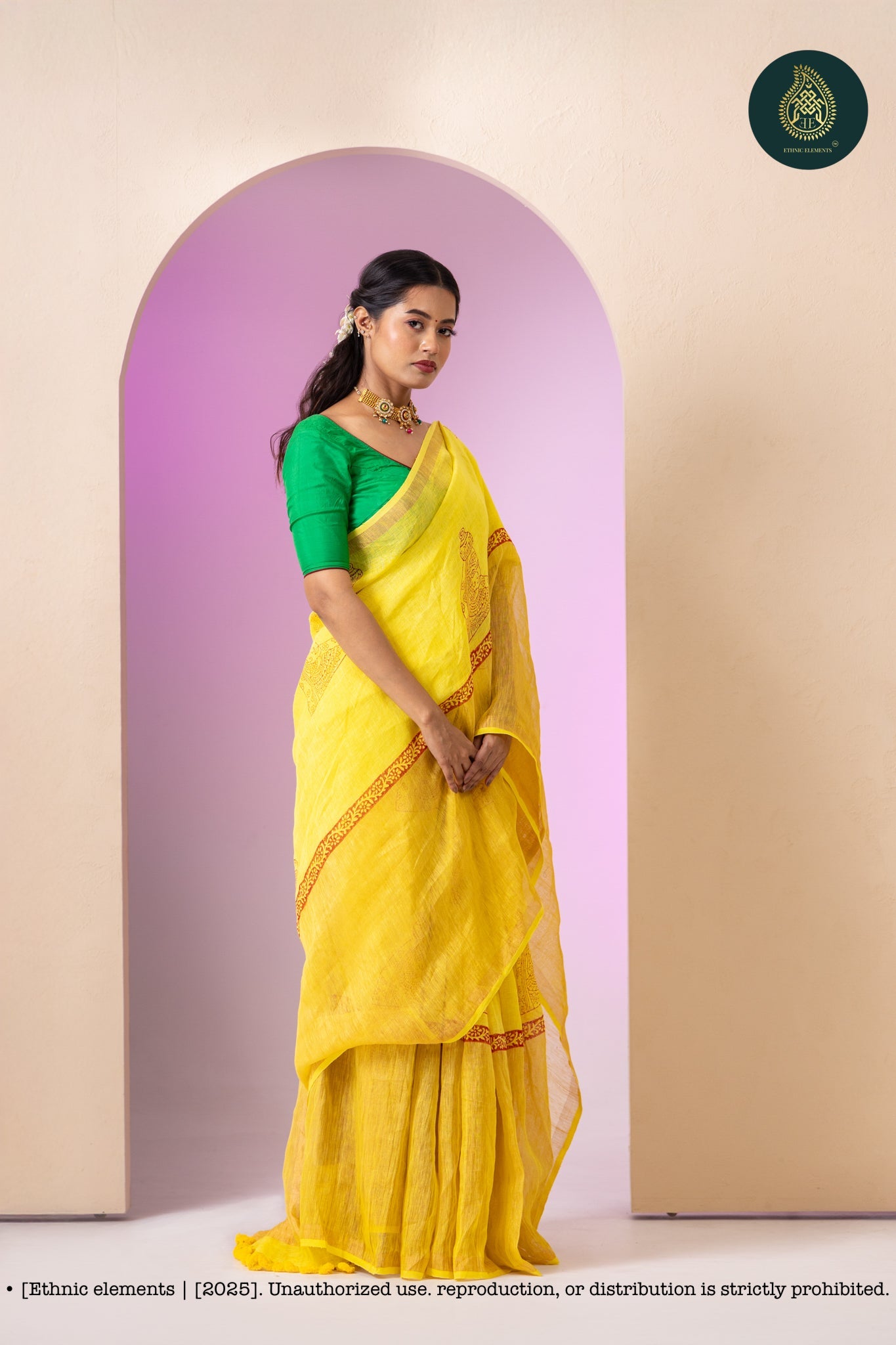 Linen Block Print Saree With Tissue Border - Banana Yellow