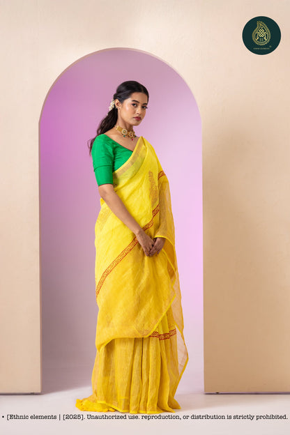 Linen Block Print Saree With Tissue Border - Banana Yellow