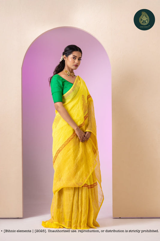Linen Block Print Saree With Tissue Border - Banana Yellow
