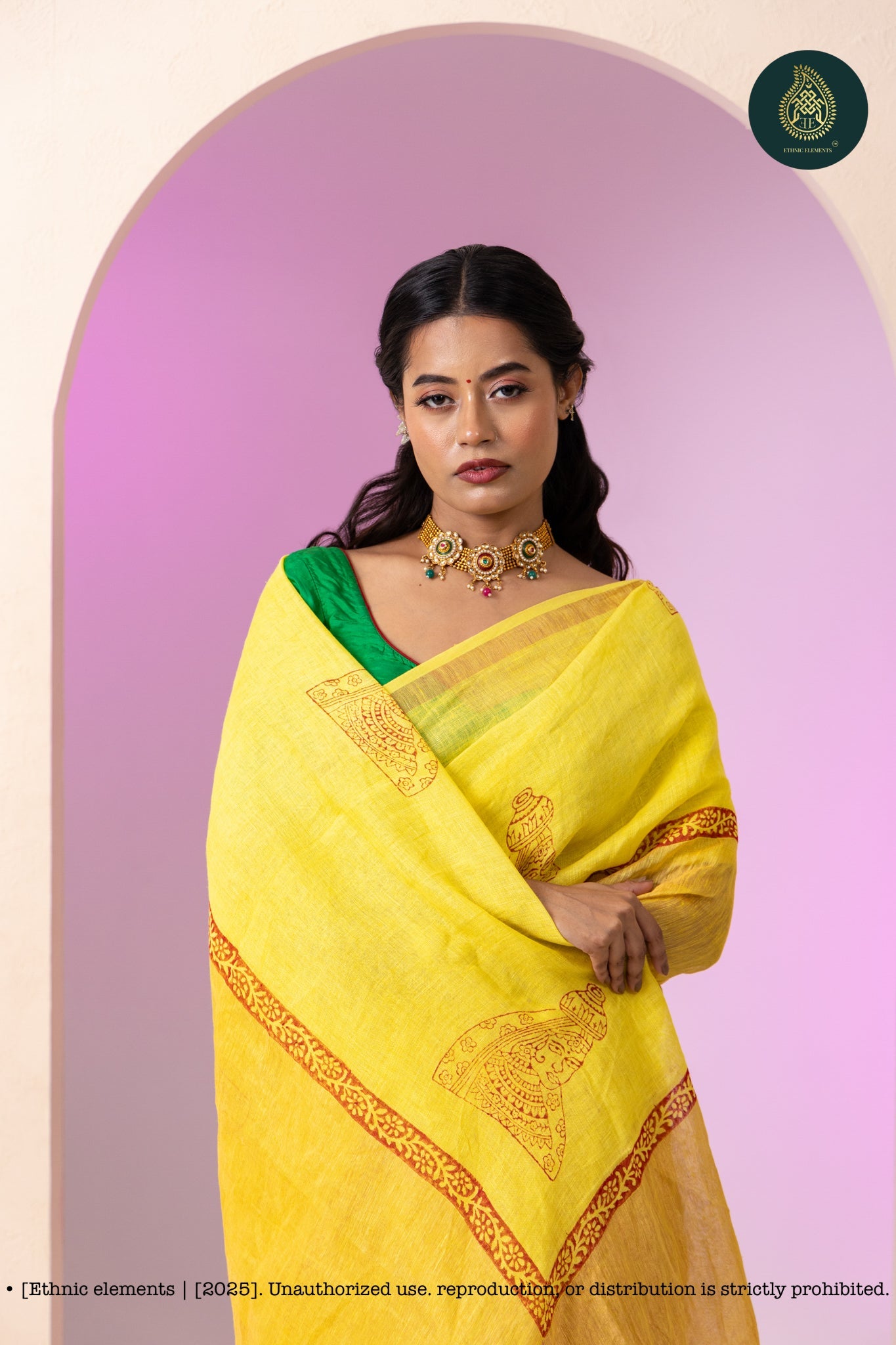 Linen Block Print Saree With Tissue Border - Banana Yellow