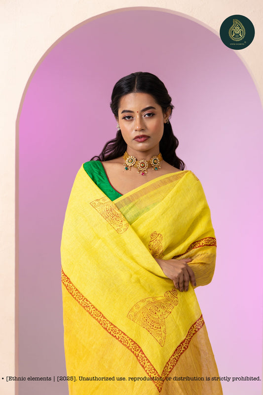 Linen Block Print Saree With Tissue Border - Banana Yellow