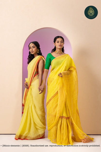 Premium Woven Linen Saree - Macaroon Yellow