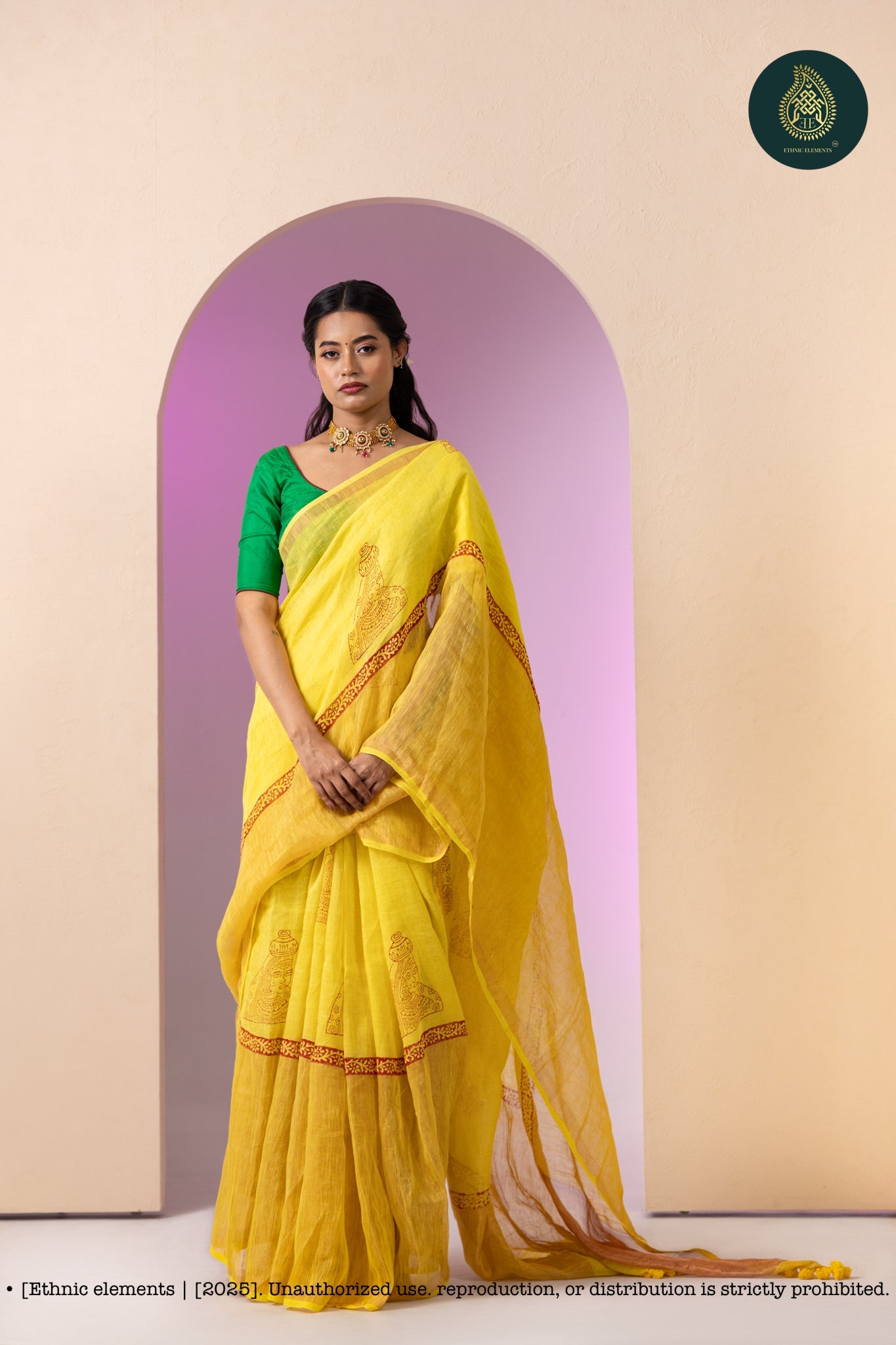 Linen Block Print Saree With Tissue Border - Banana Yellow