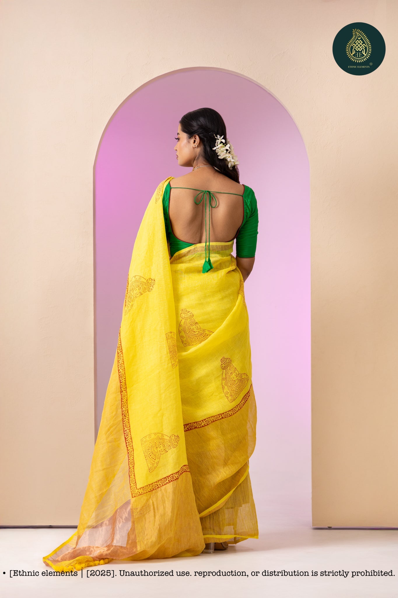 Linen Block Print Saree With Tissue Border - Banana Yellow