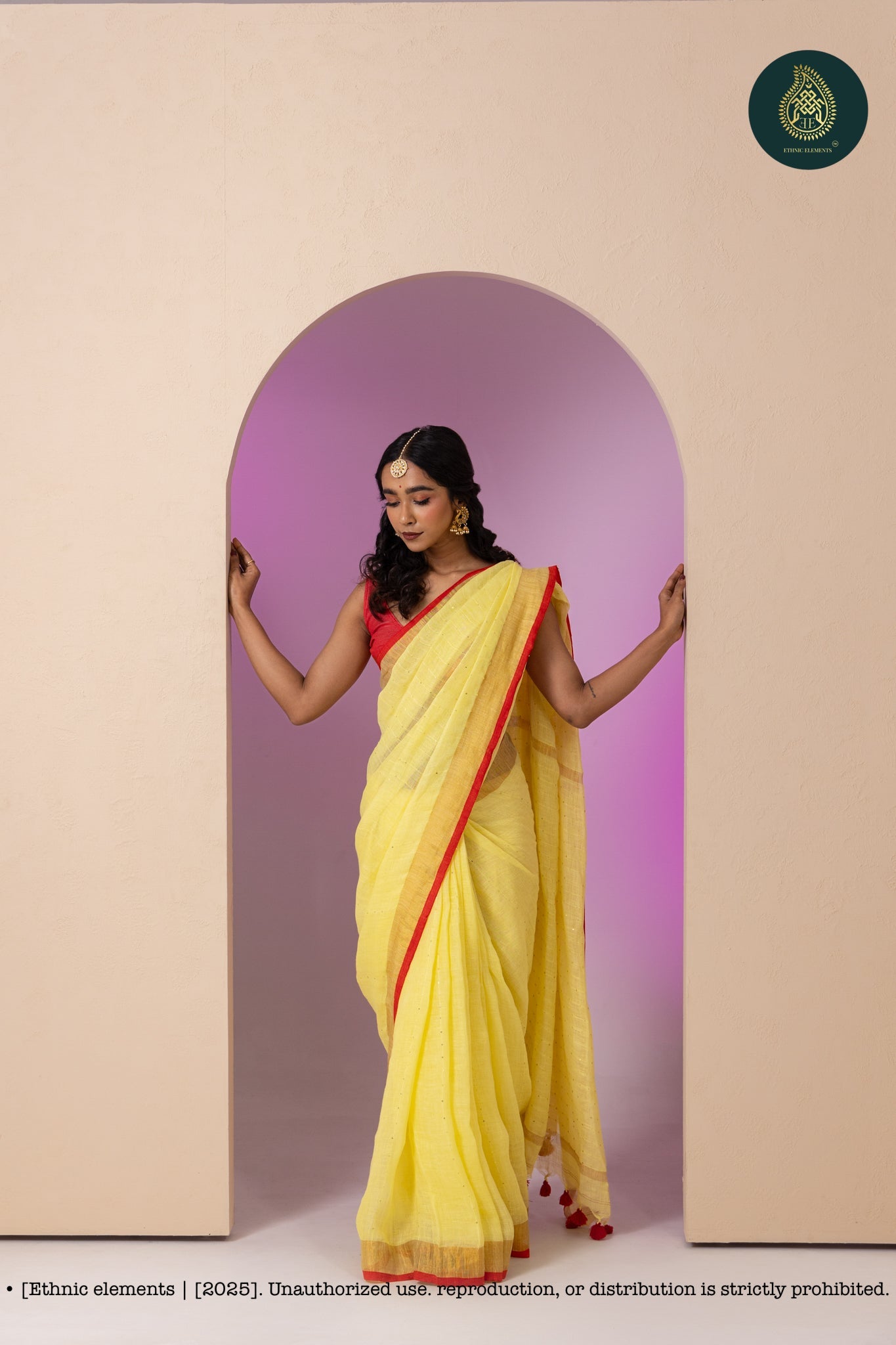 Premium Woven Linen Saree - Macaroon Yellow