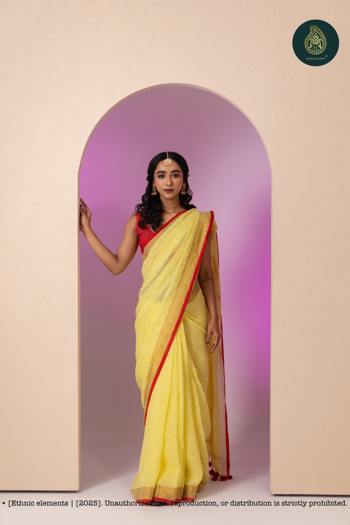 Premium Woven Linen Saree - Macaroon Yellow