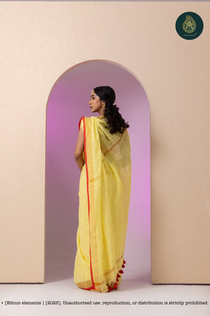 Premium Woven Linen Saree - Macaroon Yellow