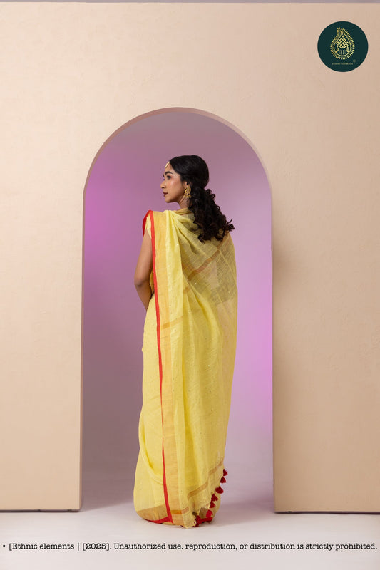 Premium Woven Linen Saree - Macaroon Yellow