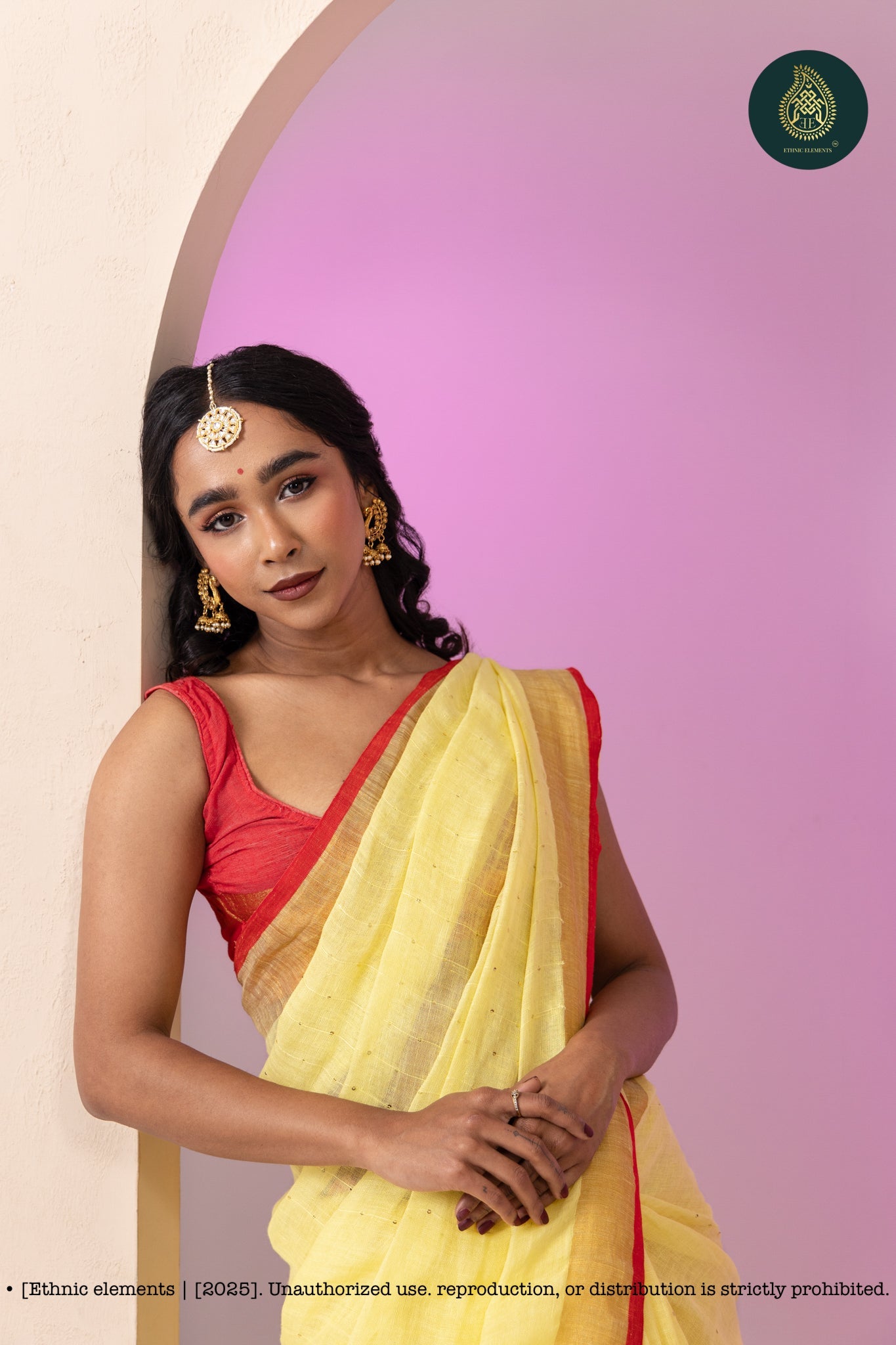 Premium Woven Linen Saree - Macaroon Yellow