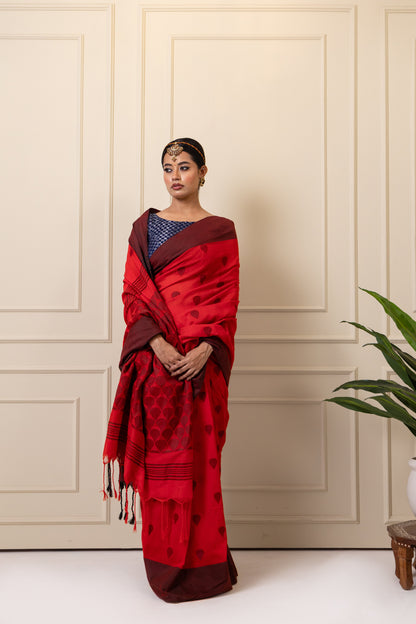 Berry Red Jacquard Jamdani Weaving Cotton Saree