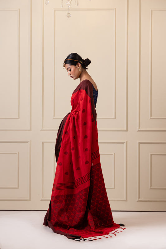 Berry Red Jacquard Jamdani Weaving Cotton Saree