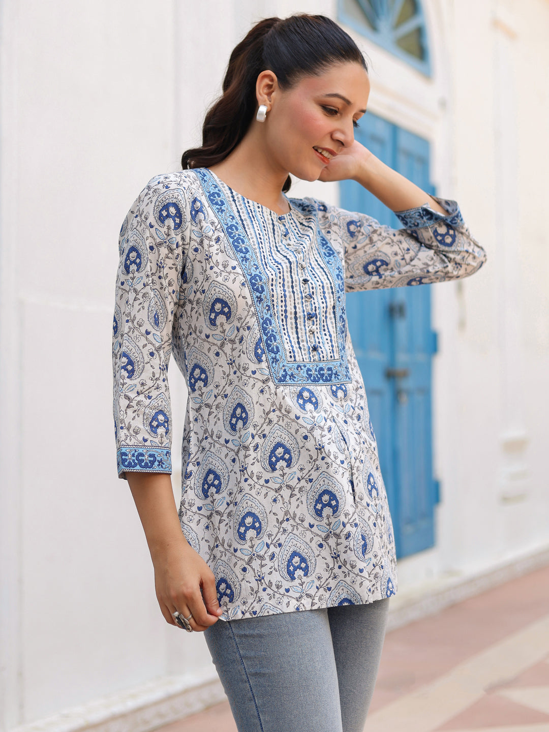 Ethnic Print Blue Cotton Top