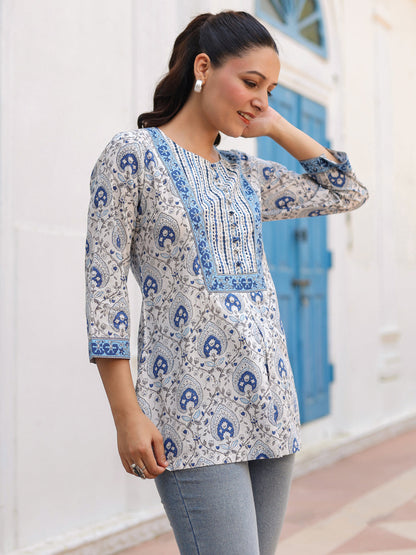Ethnic Print Blue Cotton Top
