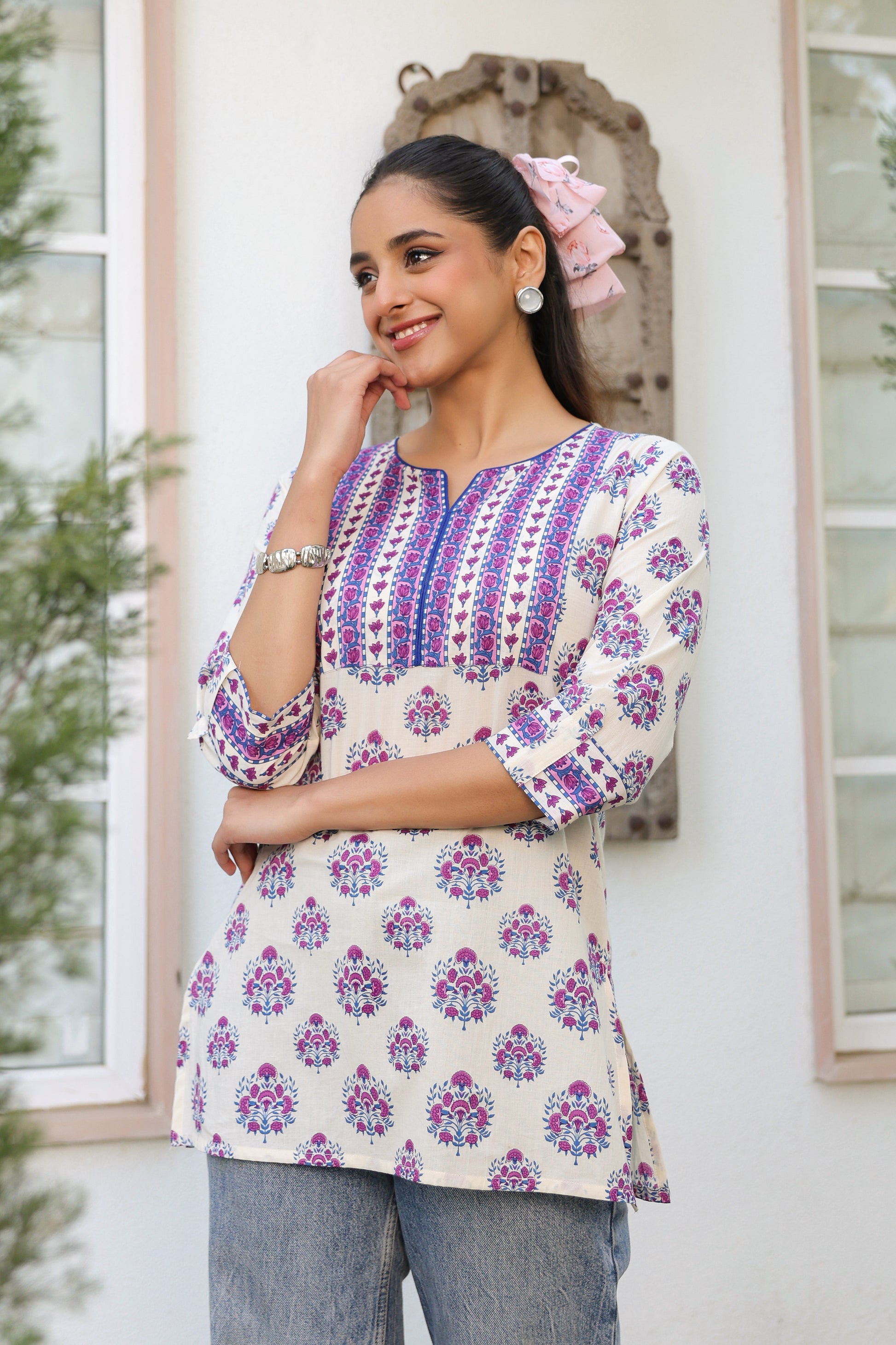 Ethnic motifs printed pure cotton top with round neckline