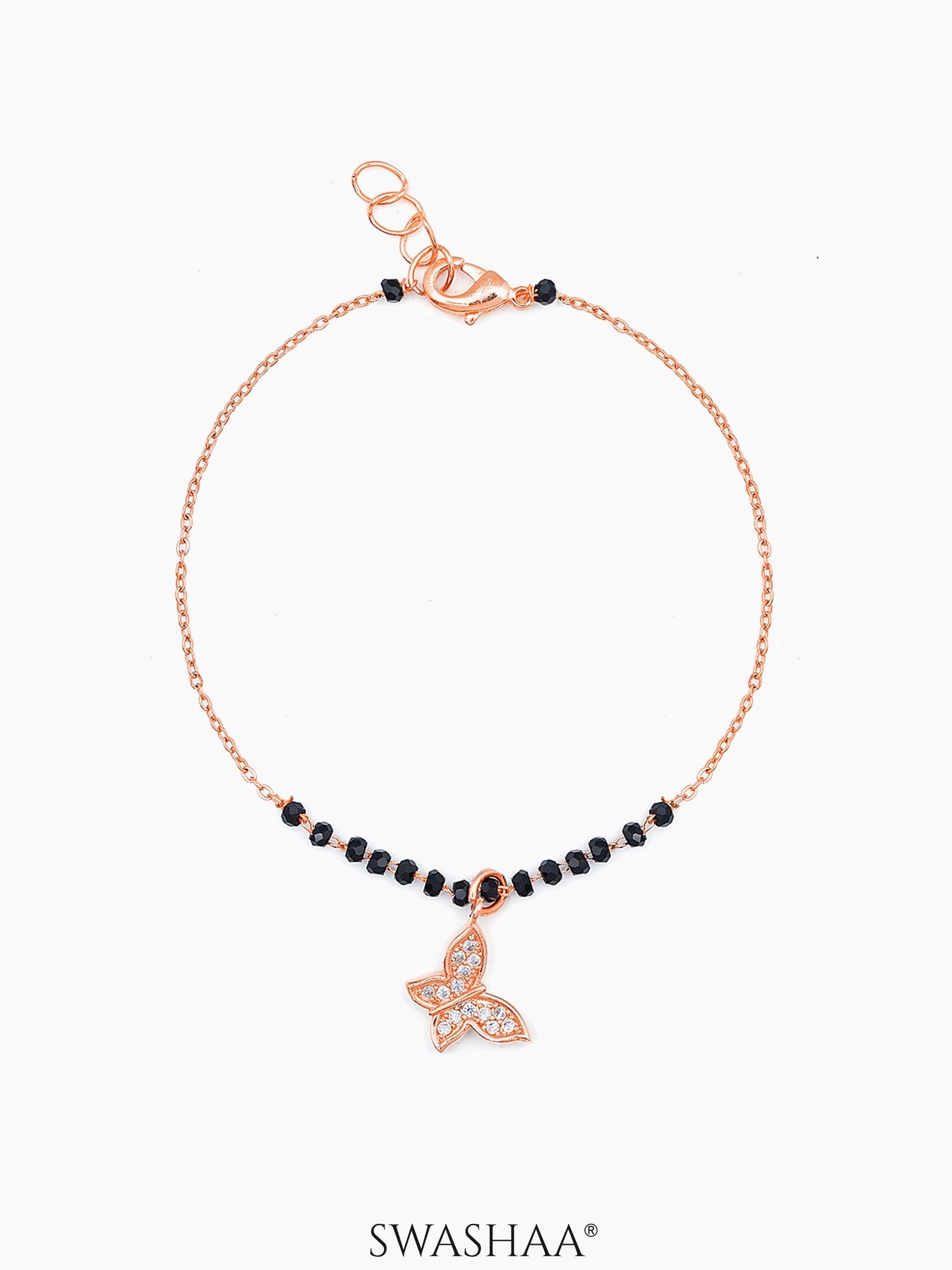 Eva Butterfly Charm Black Beads Rosegold Plated Mangalsutra Bracelet