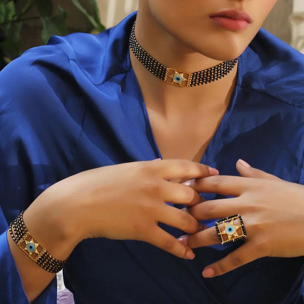 Evil eye silver star mangalsutra choker
