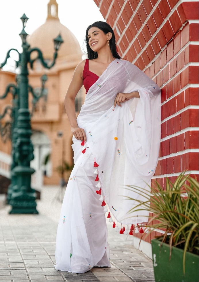 White Mul Cotton Saree Handwork Boho Mirrors
