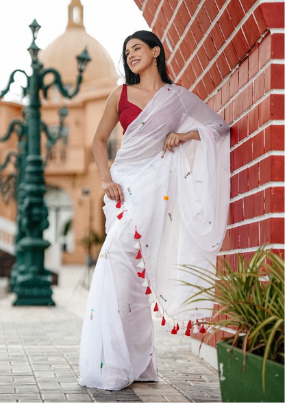 White Mul Cotton Saree Handwork Boho Mirrors