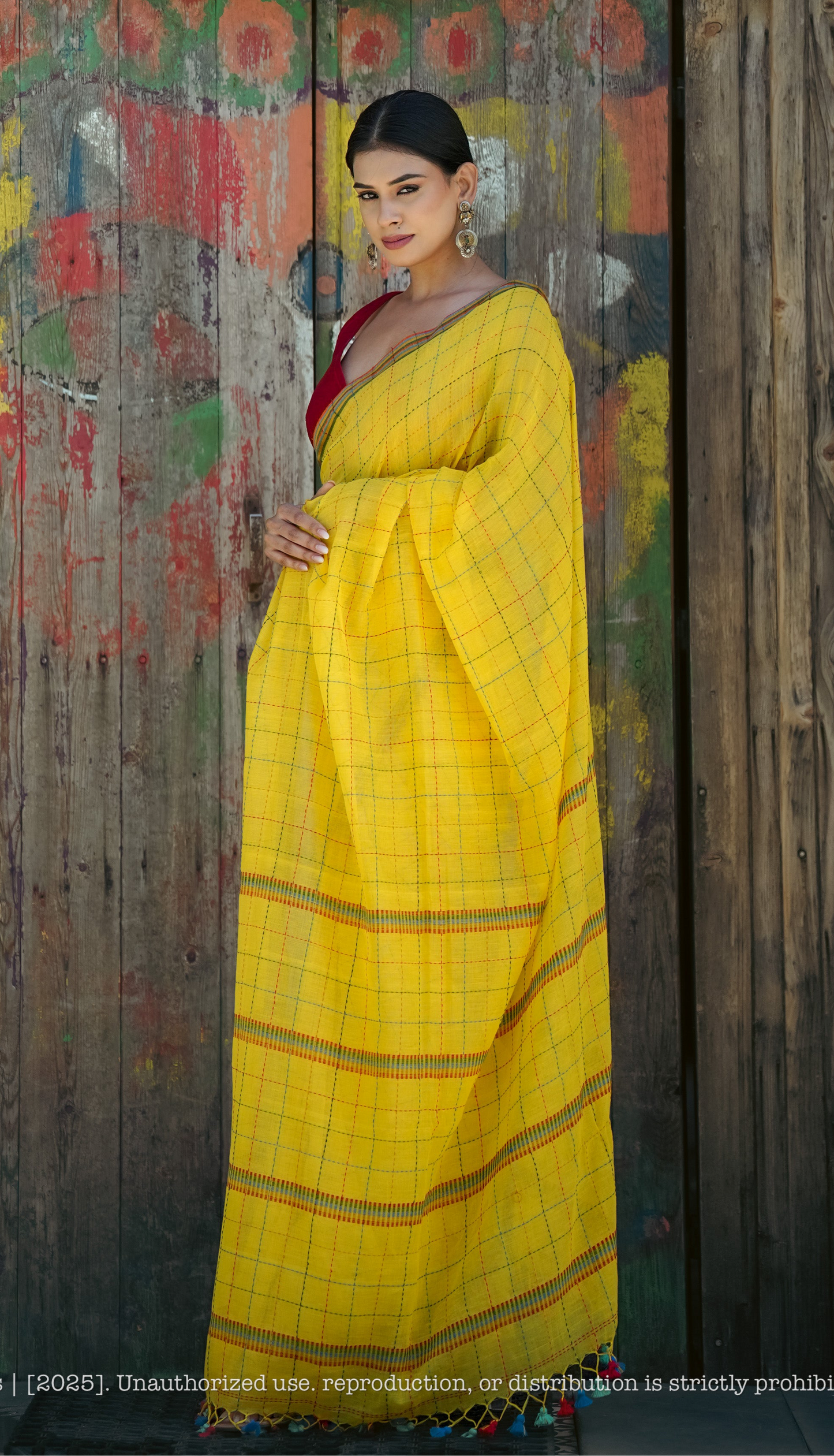 Chandani Yellow Checks Mul Cotton Saree with Hand Kantha Work