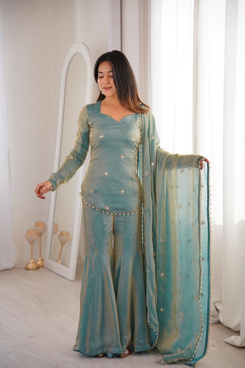 Fendy Silk Embroidery Work Kurti Sharara Dupatta Set