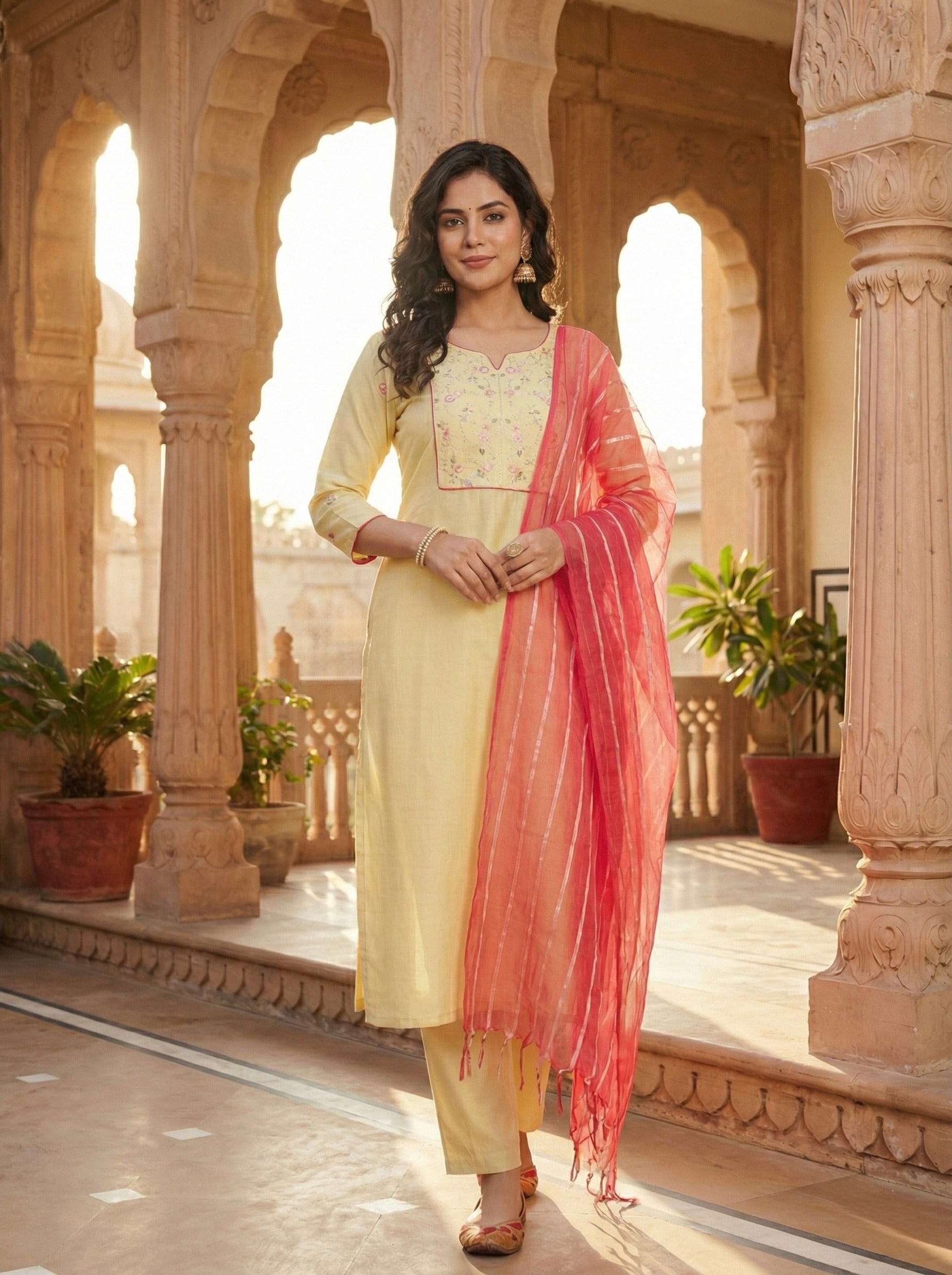 Yellow Embroidered Chinon Kurta with Dupatta Set for womens |  embroidered kurta set for women | frontside full view