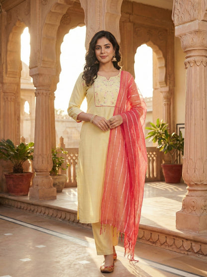 Yellow Embroidered Chinon Kurta with Dupatta Set for womens |  embroidered kurta set for women | frontside full view