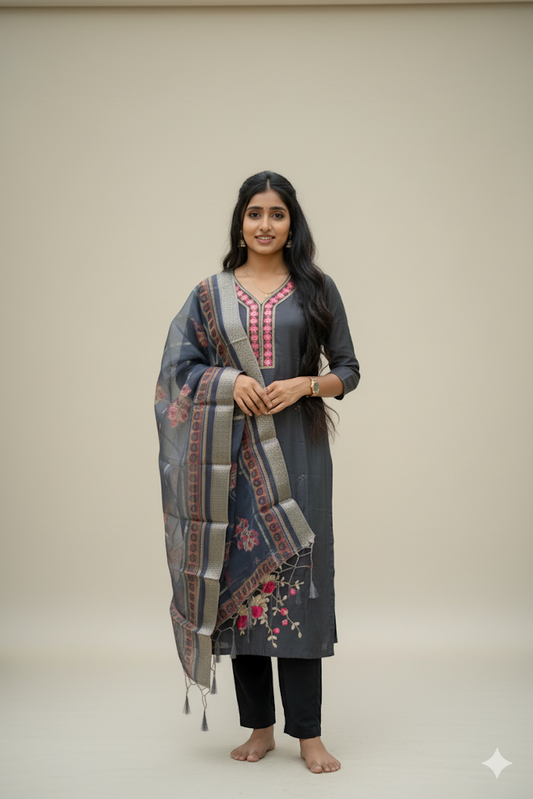 Grey Embroidered Salwar Suit With Chiffon Dupatta For Women & Girls