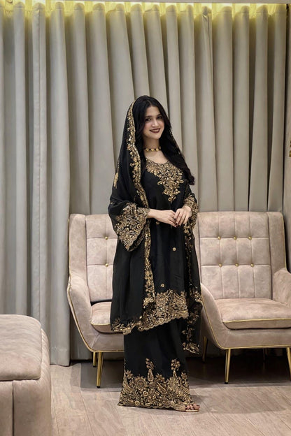 Silk Fabric Eid Special Designer Kurti Sharara Dupatta Set
