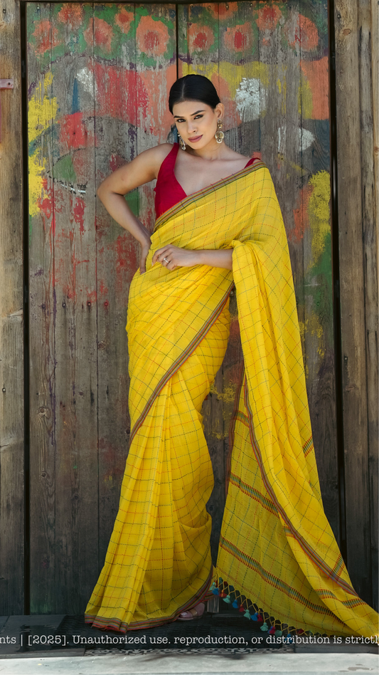 Chandani Yellow Checks Mul Cotton Saree with Hand Kantha Work
