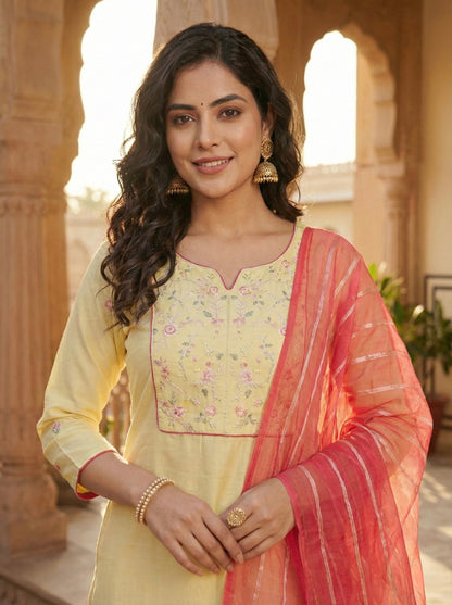 Yellow Embroidered Chinon Kurta with Dupatta Set for womens |  embroidered kurta set for women | frontside Half view