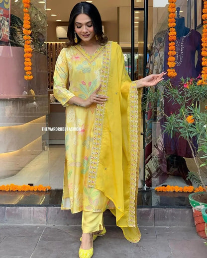 Muslin Silk digital Print with Embroidery work Kurti Pant Dupatta Set - Premium  from Ethenika.com  - Just INR 2790! Shop now at Ethenika.com 