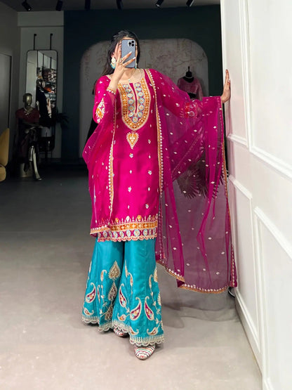 Ethenika Silk Sequence Embroidery Work Kurti Sharara Dupatta Set (Stitched) - Premium  from Ethenika.com  - Just INR 4990! Shop now at Ethenika.com 
