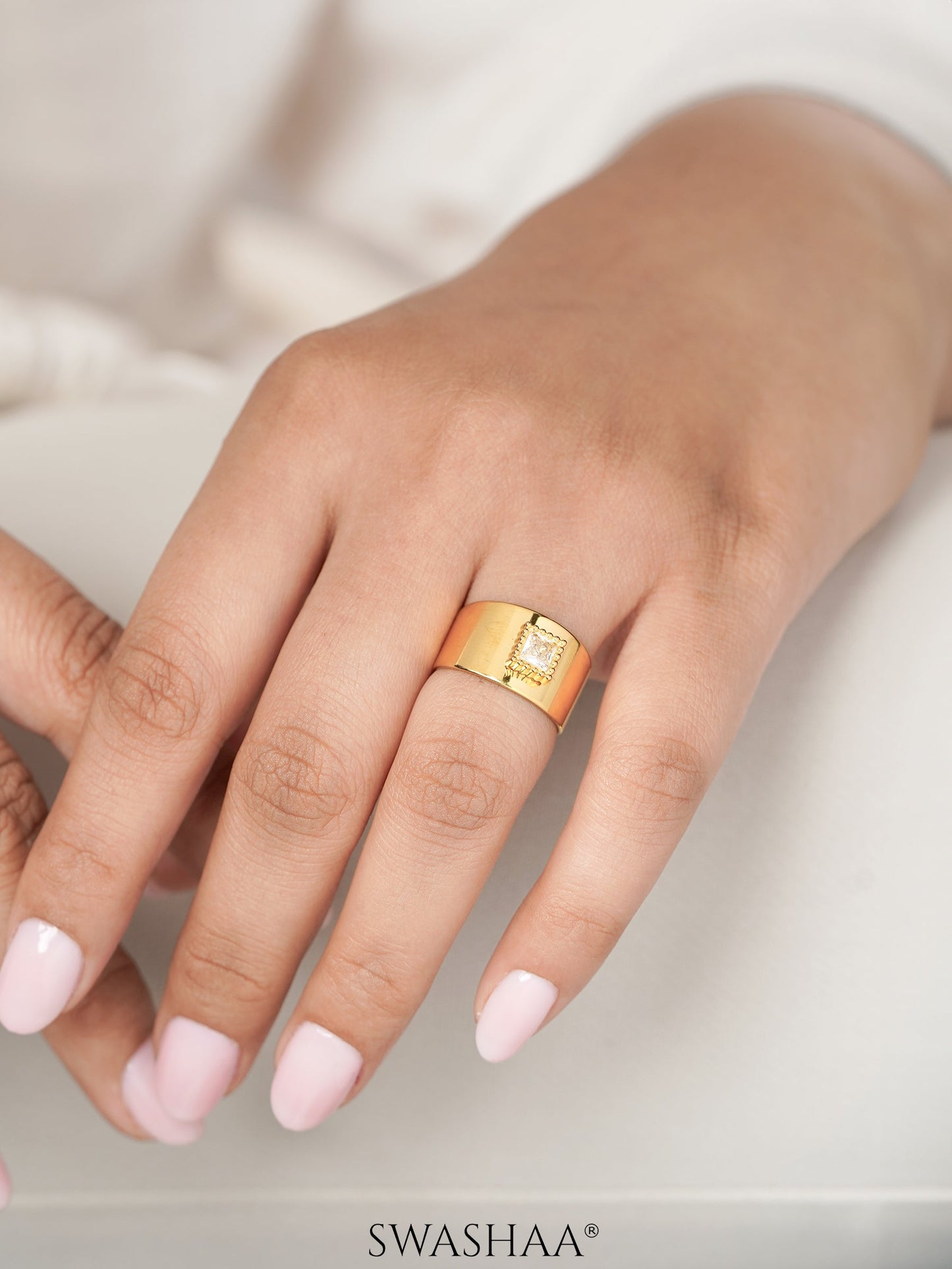 Faustina Square Cut Diamond Framed 18K Gold Plated Ring