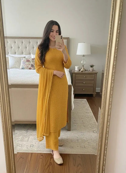 Faux Georgette Chikankari Kurti Palazzo Dupatta Set Ethenika.com