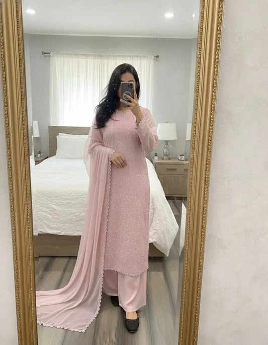 Faux Georgette Chikankari Thread Work Kurti Palazzo Dupatta Set Ethenika.com