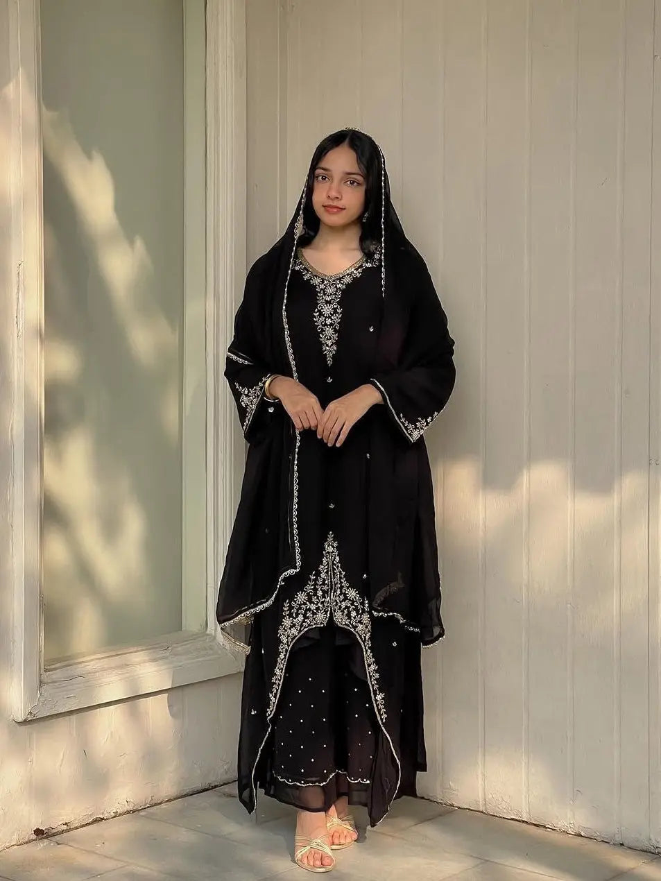 Faux Georgette Designer Ready Wear Kurti Pallazo Dupatta Set Ethenika.com