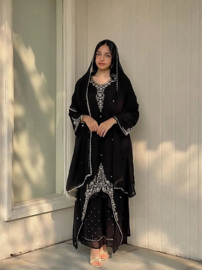 Faux Georgette Designer Ready Wear Kurti Pallazo Dupatta Set Ethenika.com