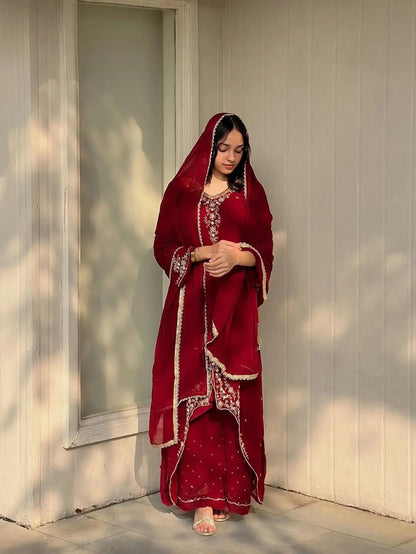 Faux Georgette Designer Ready Wear Kurti Pallazo Dupatta Set Ethenika.com